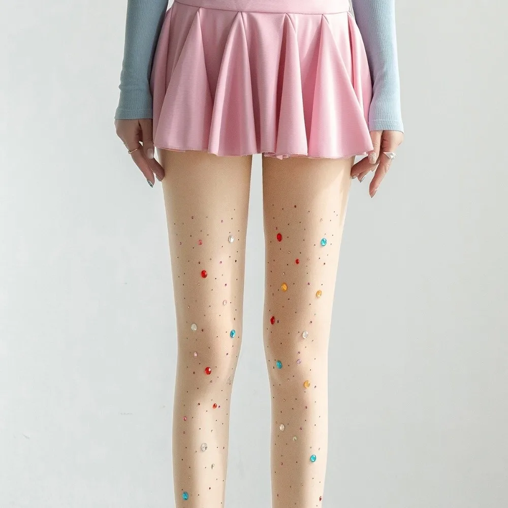 Street Fashion Y2K Colorful Rhinestone Pantyhose Dopamine Stretch Silk Stockings Transparent 20D Shiny Tights Dance