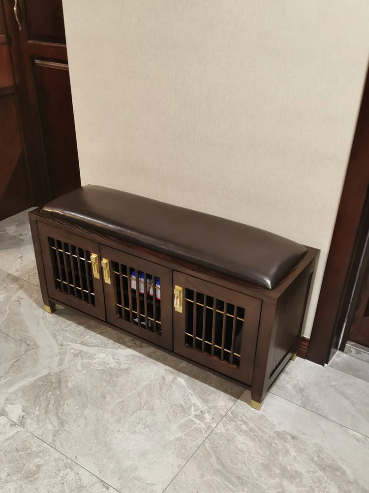 

New Chinese-style home changing shoe stool, home door shoe cabinet, sit-down solid wood stool grille, breathable shoe stool