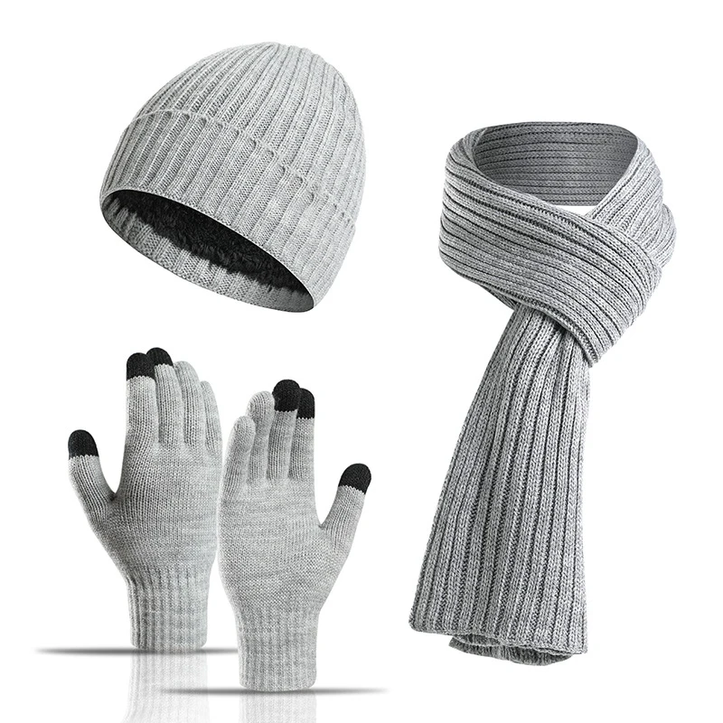 VEEKTIE Brand Winter Warm Cover Sets For Men Women Beanie Hat Knitted Long Scarf Mitten Gloves Solid Colors Fleece Lined Unisex