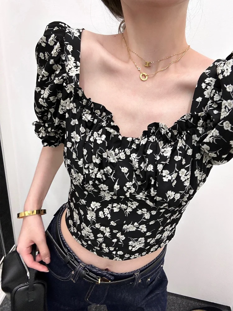 

Женский топ Linngs Rose Holiday с цветочным принтом, пышными рукавами, U-образным вырезом, приталенный, с короткими рукавами, французский стиль, облегающий крой