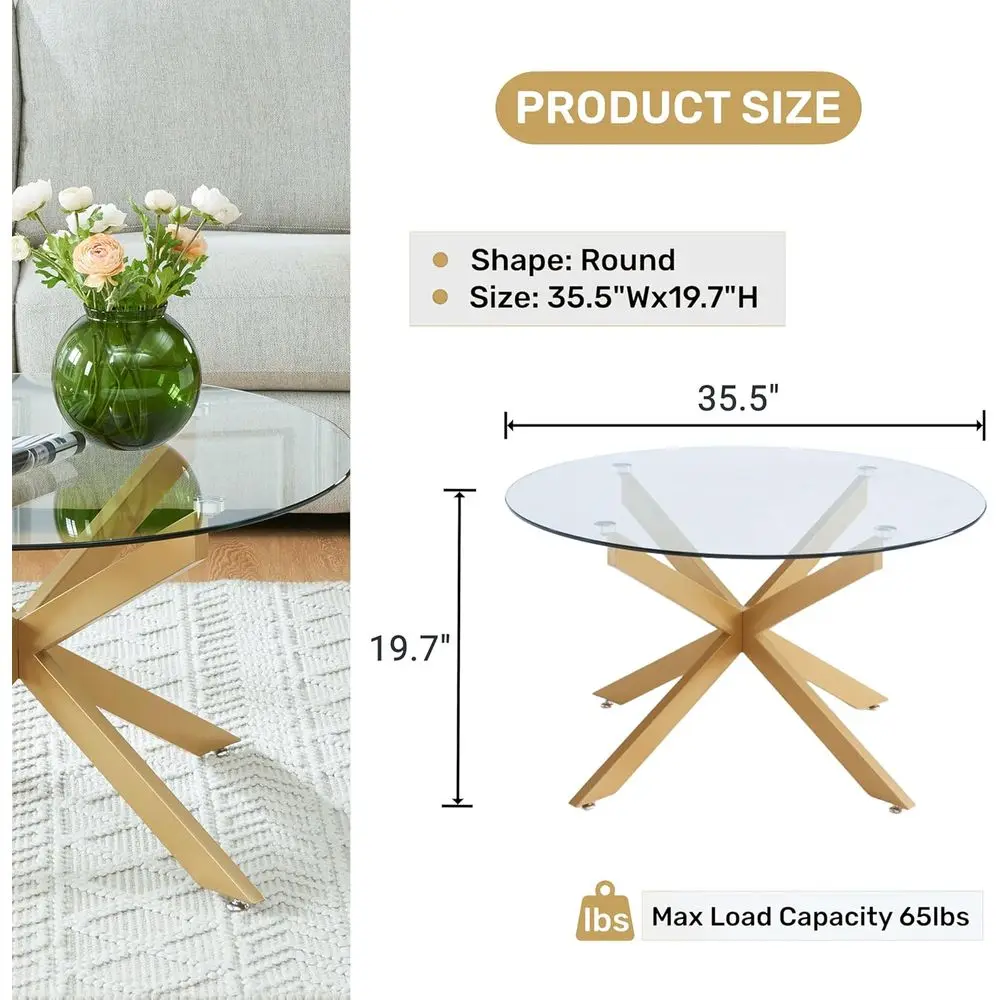 Modern Tempered Glass Coffee Table, 35.5 Wide x 19.7 High, for Living Room & Home Office