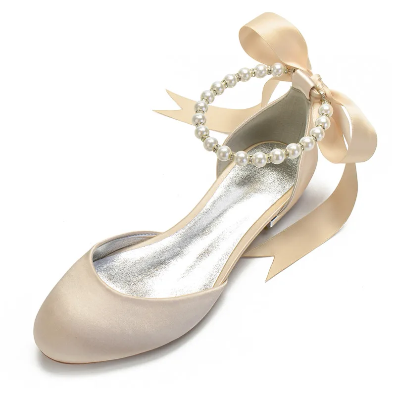 Satin Pearls Wedding Flats for Bride Round Toe Ribbon Tie Evening Formal Party Dress Shoes Women Flat Bridal Sandals