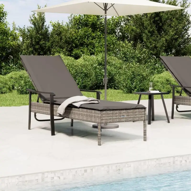 Chaise longue en résine tressée avec coussin gris foncé, dossier réglable, extérieur, capacité 110 kg