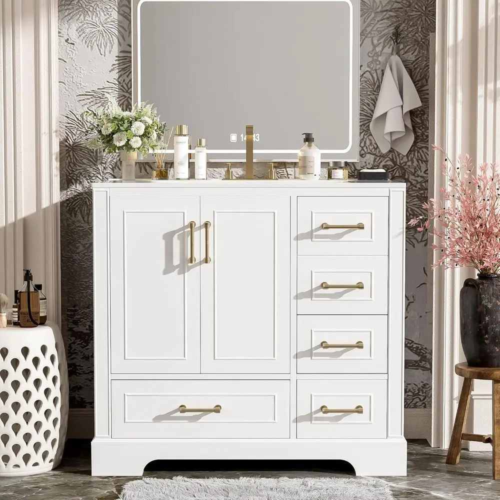 

Modern White 36 Freestanding Bathroom Vanity with Ceramic Sink, Soft Close Doors & Drawers for Guest or Master Bath
