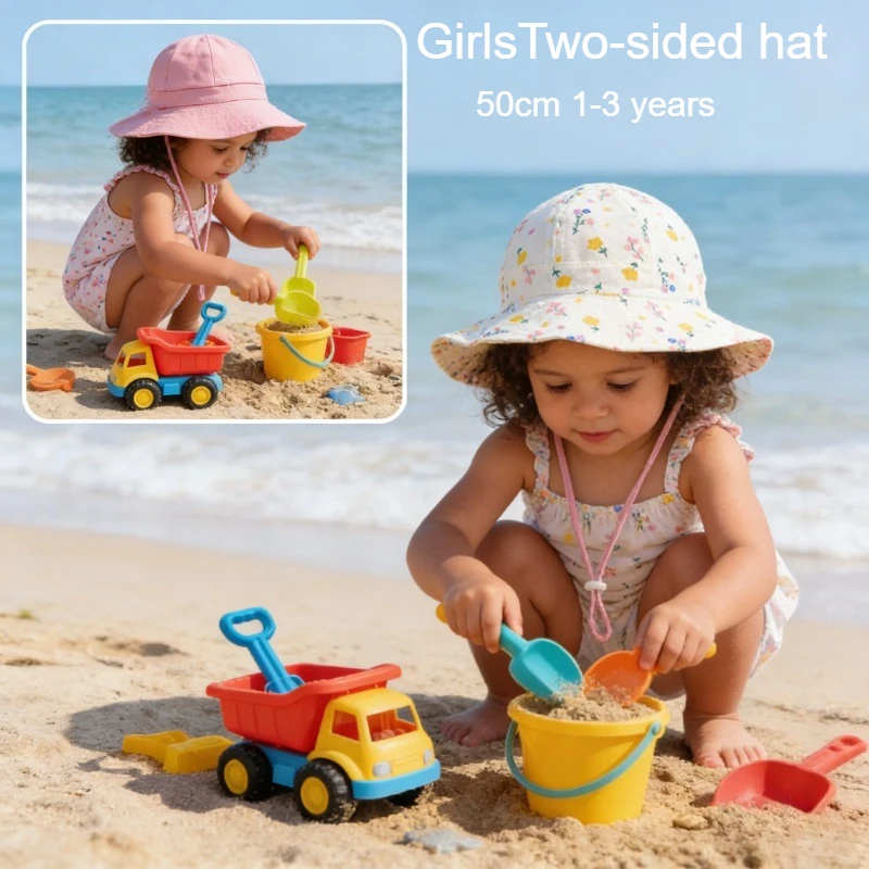 Toddler Baby Hats 50cm for Girls Summer Spring Baby Cotton Bucket Infant Fisherman Cap Cute Sun Protection with Flap Reversible