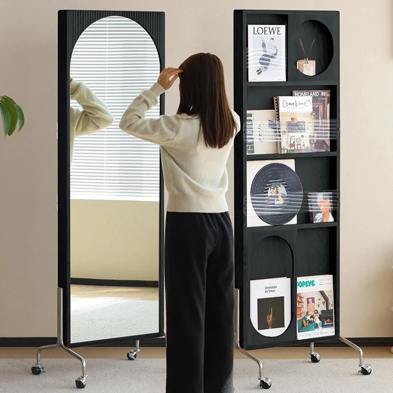Log Solid Wood Walnut Full Body Mirror Book Rack Magazine Medieval Vintage French Rotating Comb Makeup Mirror Floor