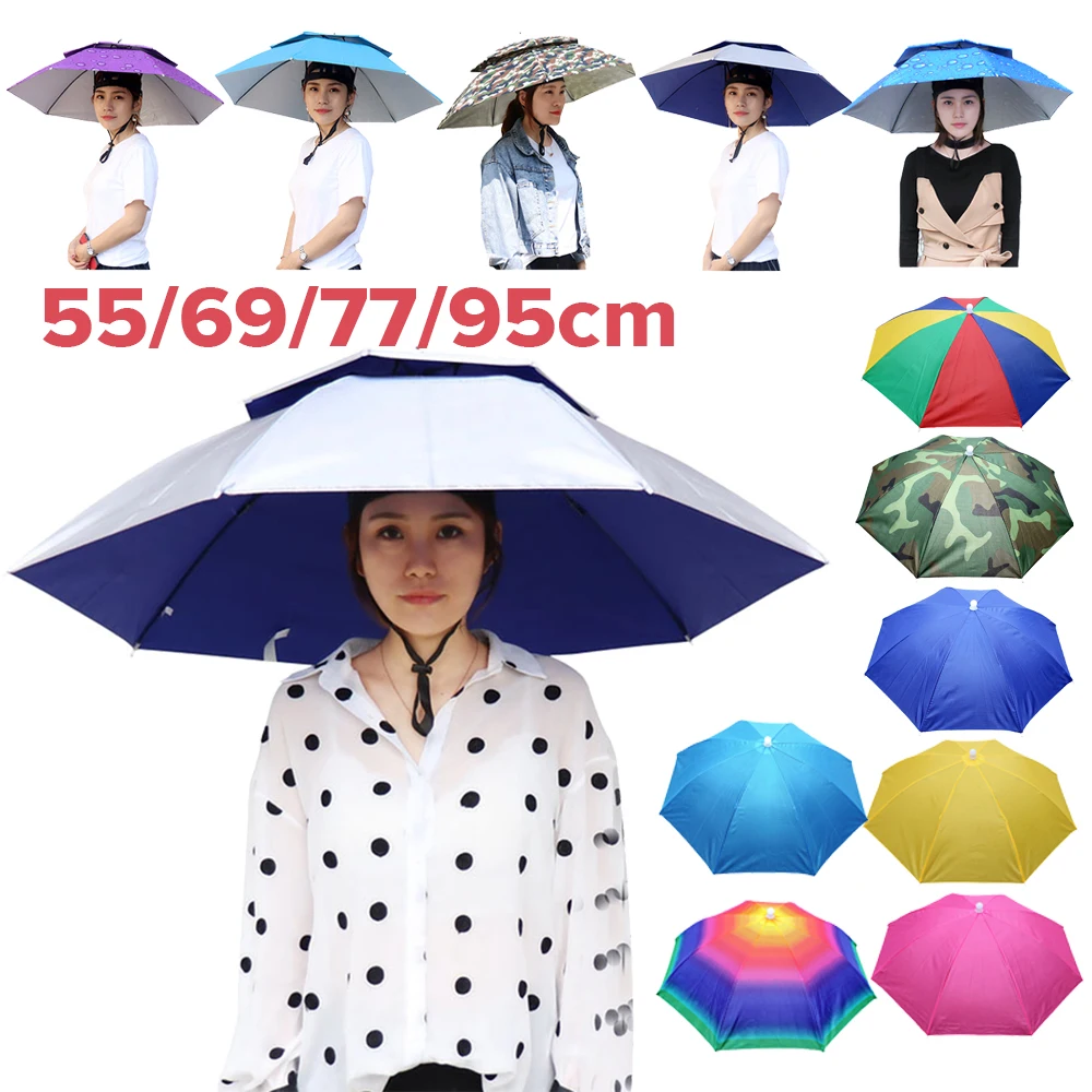 55/69/77/95cm Outdoor Fishing Caps Rain Umbrella Hat Foldable Fishing Sunshade Headwear Cap Waterproof Camping Beach Sun Hat