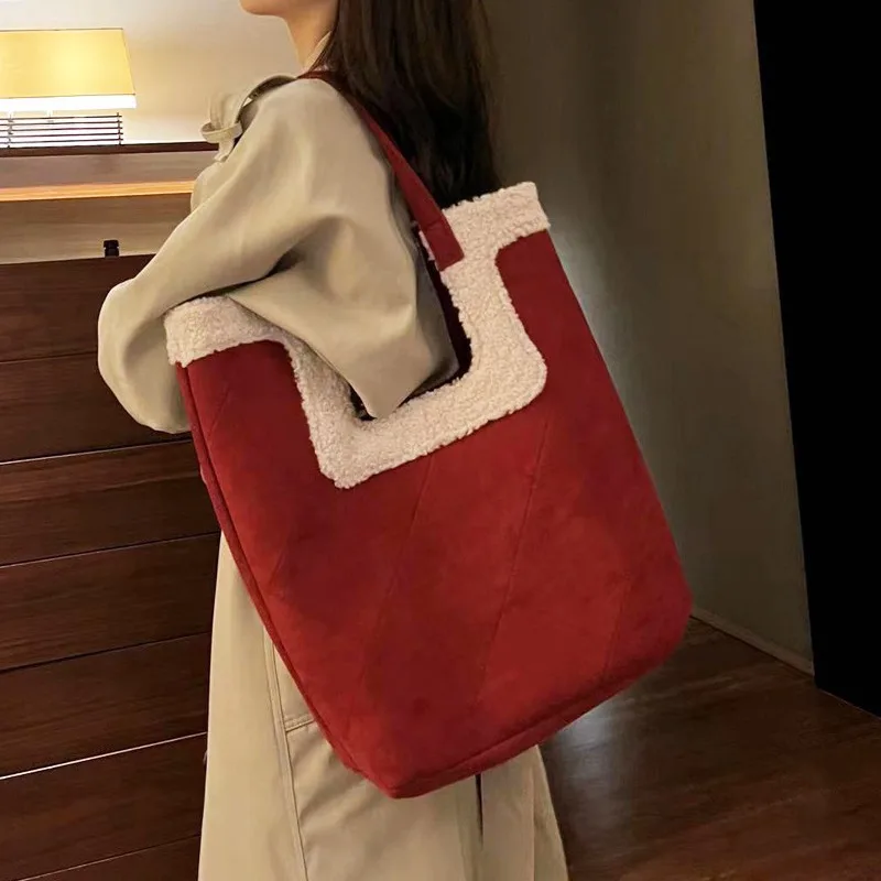 Lambswool Large Capacity Tote Bag Suede One Shoulder Portable Large Bag Mother Bag 2023