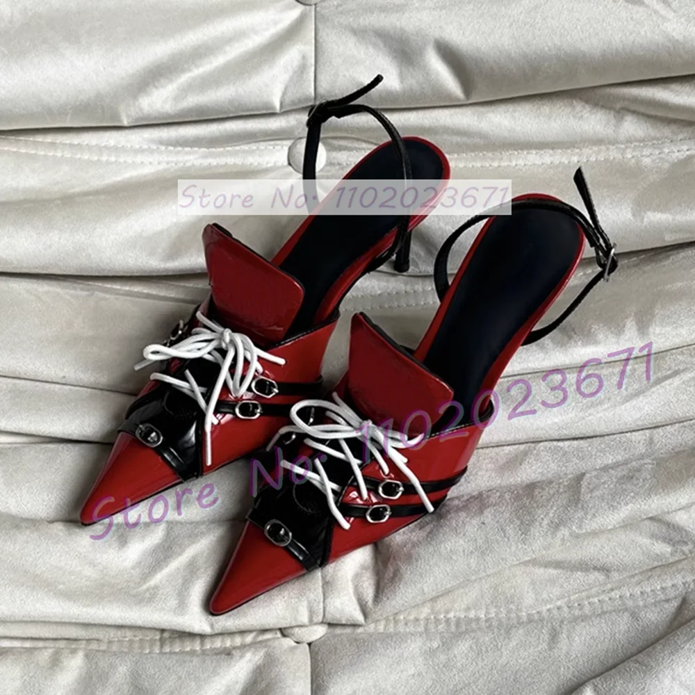 

Sexy Belt Buckle Strap Pointy Sandals Women Red Patent Leather Punk Mixed Colors Sandals Female Summer Party Back Strap Shoes