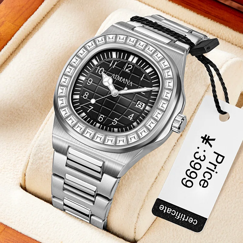 AIMANA 8622 Small Square Full Diamond Set Fashion Men's Quartz Watch Automatic Date Waterproof Stainless Steel Watches for Men