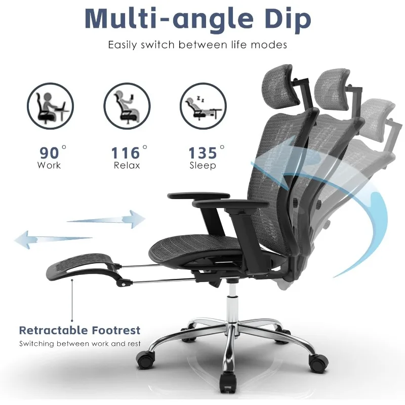 Ergonomic Office Chair,  Retractable Footrest, Office Chair with Adjustable Lumbar Support, Gaming Chair, Mesh Office Chair