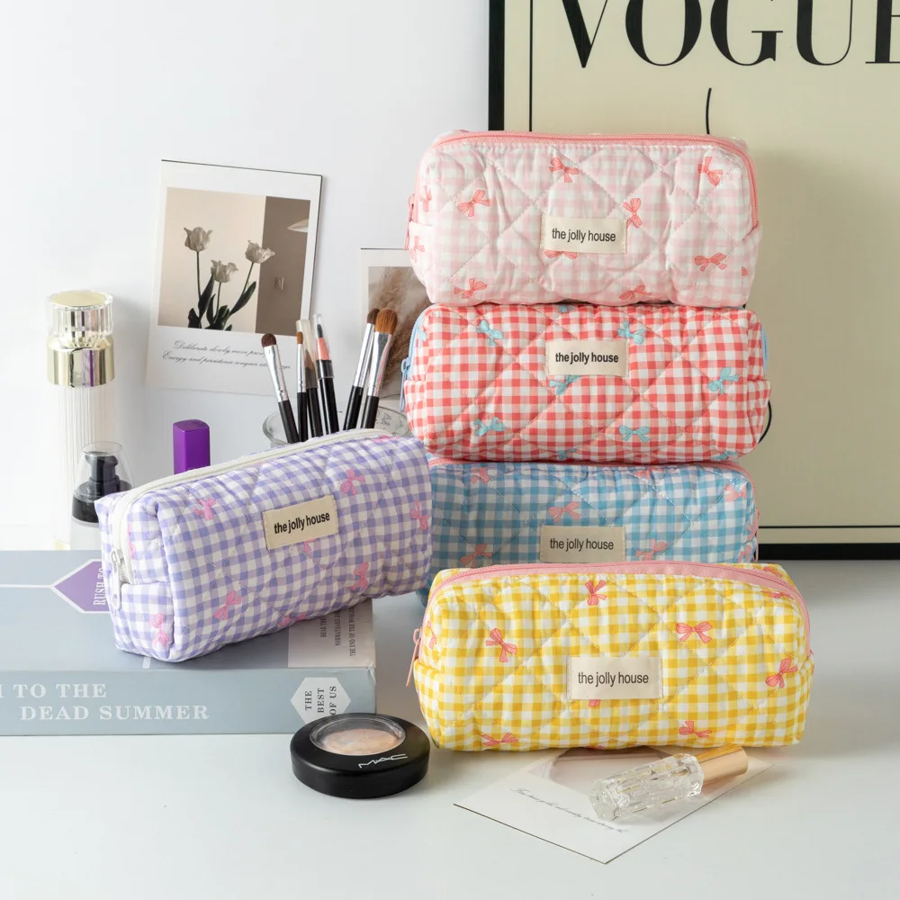Cute Soft Bow Makeup Bag Makeup Brush Case Pencil Case Portable Cosmetic Travel Organizer Charging Cables Bag