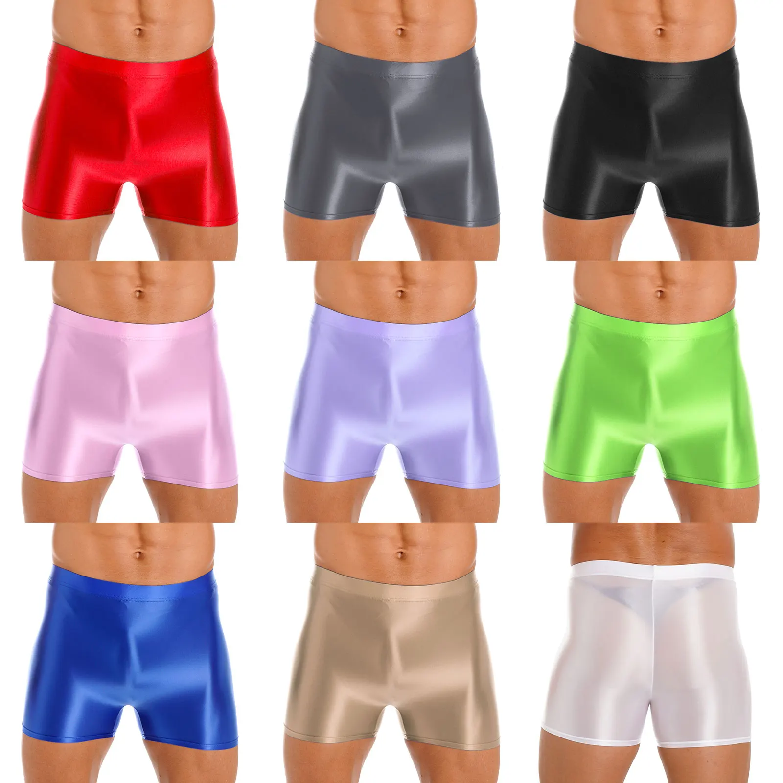 Mens Glossy Semi See-through Boxer Shorts Swimming Trunks Elastic Waistband Solid Leggings Fitness Sportswear Swimwear Nightwear