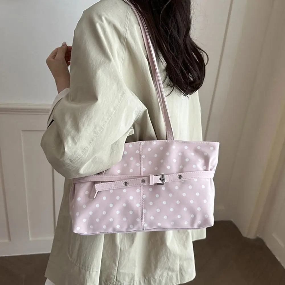 Damen-Tragetasche mit Polka-Dots, große Kapazität, Schulterhandtasche, Vintage, lässig, für Pendler und Einkäufe – Detail 15