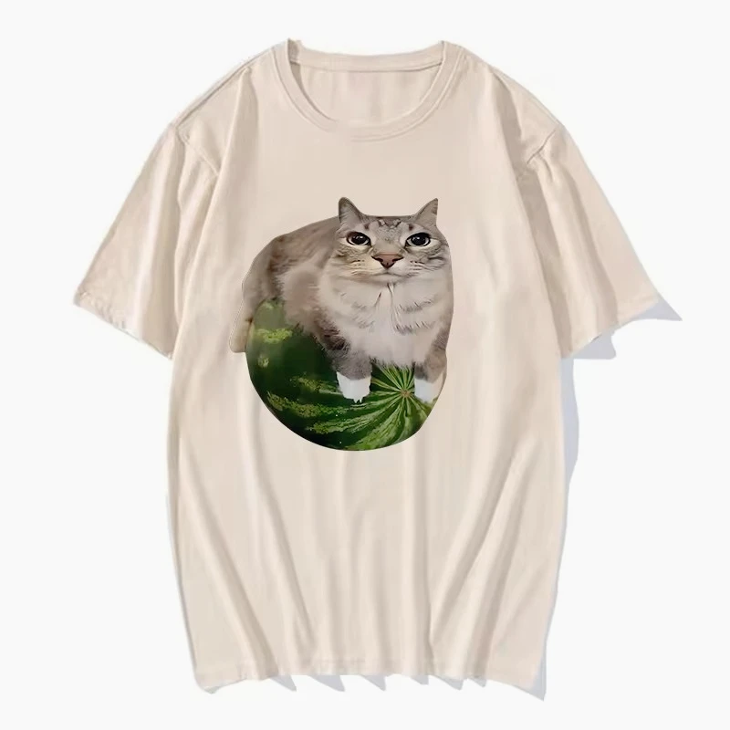 Summer Funny 90s Y2k Watermelon Cat Silly Cat Meme Print Women Tee Stylish Short Sleeve Crew Neck High Quality Fabric Women Tee