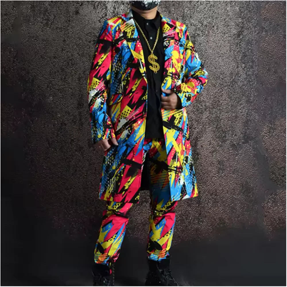 2025 männer Bühne Outfit Jazz Hip Hop Street Dance Kostüm Graffiti Gedruckt Casual Anzug Männlich Langen Mantel Bunte Leistung tragen