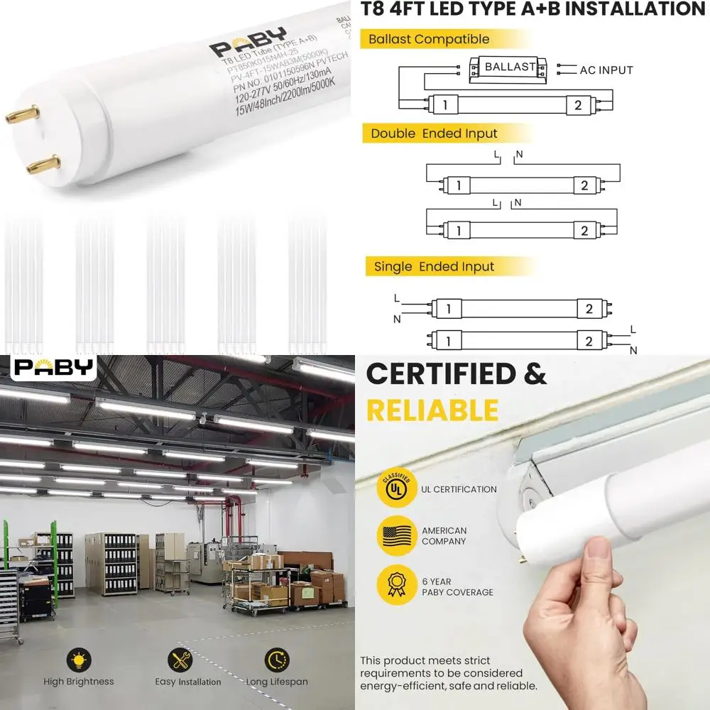 

Светодиодная трубка 4 фута, 15 Вт, эквивалент 32 Вт, 2250 люмен, 5000 К, простая установка, одинарная или двойная, энергоэффективная