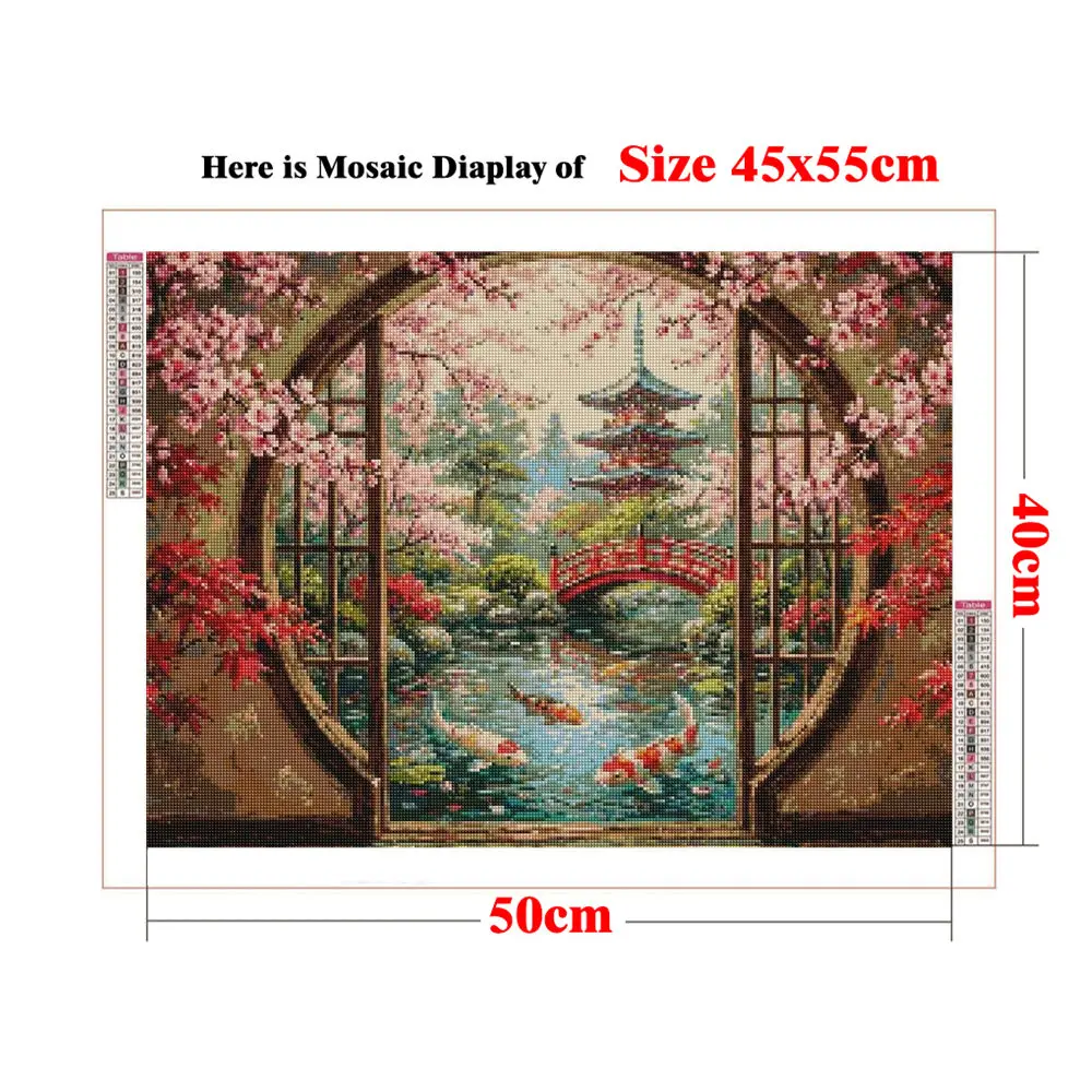 DIY Full Drill Diamond Rhinestone Painting Cherry Blossom Garden Moon Gate Landscape Cross Stitch Embroidery Oriental Decor
