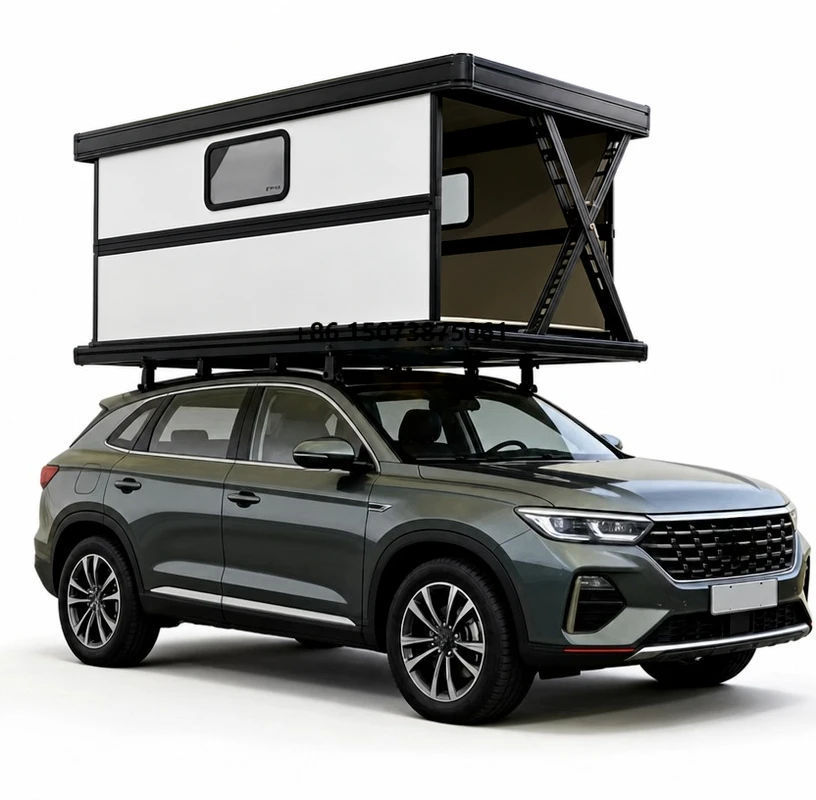 Waterproof Aluminum Pole Electric Lift Four-season Double Layer Straight Bracing Type Car Rooftop Tent with Hardshell Ladder