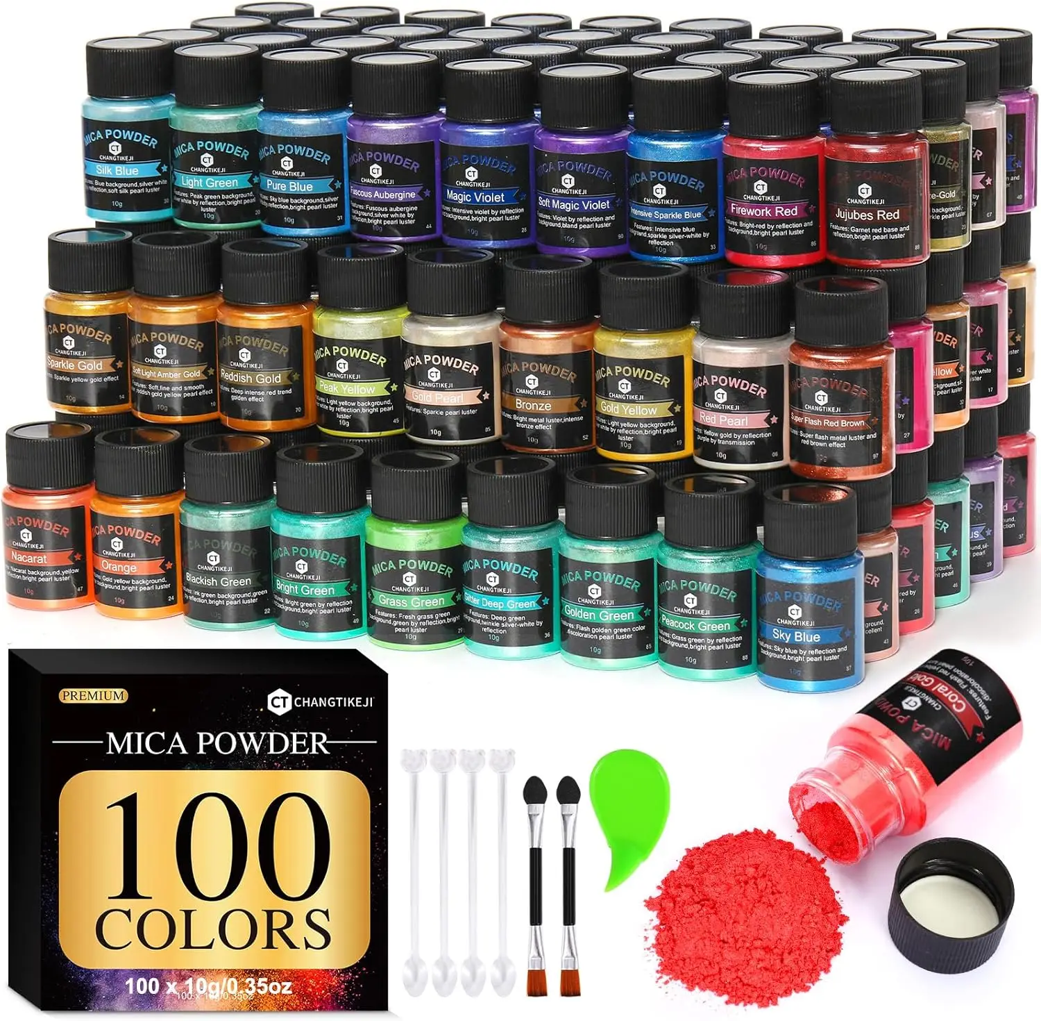 

100 Colors Natural Mica Powder, 10g/Bottle for Epoxy Resin, Lip Gloss, Soap Making, Candle Crafting & More