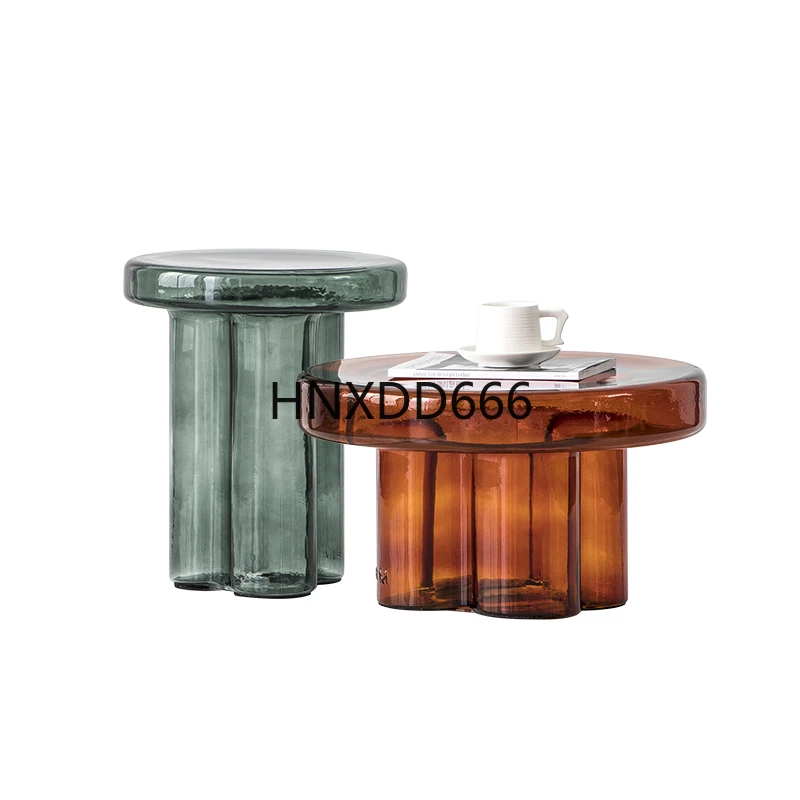 

Light luxury glass coffee table round and tall combination