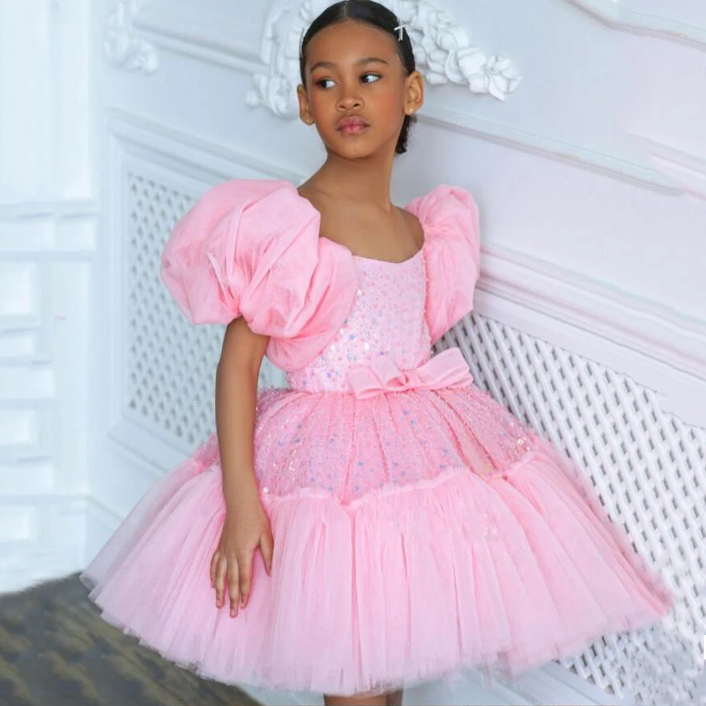 Cute Kids Flower Girl Dress Short Sleeves Scoop Neck Glitter Beading Sequin Puff First Communion Gown Christmas Party Dresses