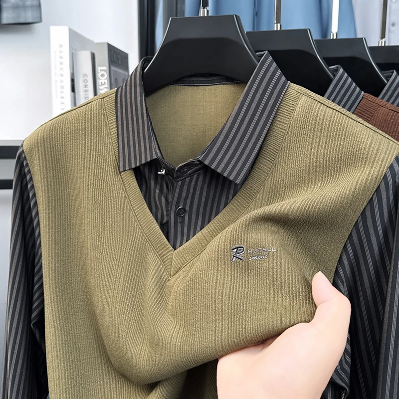 جودة فاخرة للرجال وهمية قطعتين الخريف رائعة إلكتروني طباعة طويلة الأكمام تي شيرت الأعمال الكلاسيكية موضة ملابس رجالية غير رسمية #1