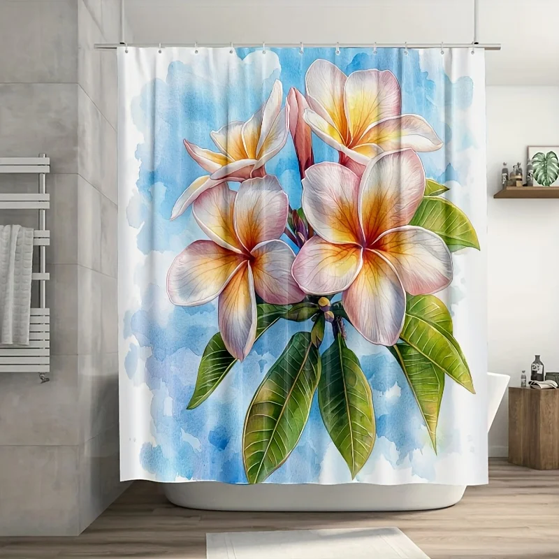 

1 шт. акварельная занавеска для душа Plumeria — синяя, розовая, желтая и зеленая, 71x71 дюймов, полиэстер, 12 крючков, ручная стирка, декор для ванной комнаты