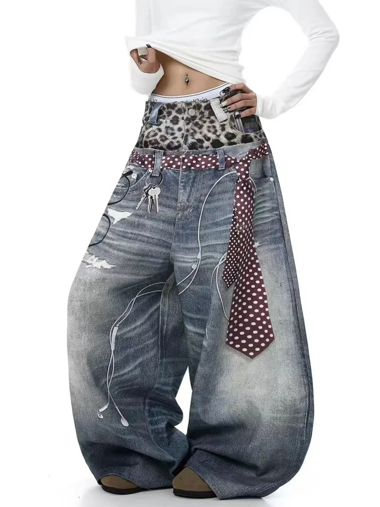 Women's Blue Jeans Y2k Gyaru Punk Hiphop Oversize 3D Print Denim Pants Vintage Grunge Baggy Denim Trousers Alternative Clothes