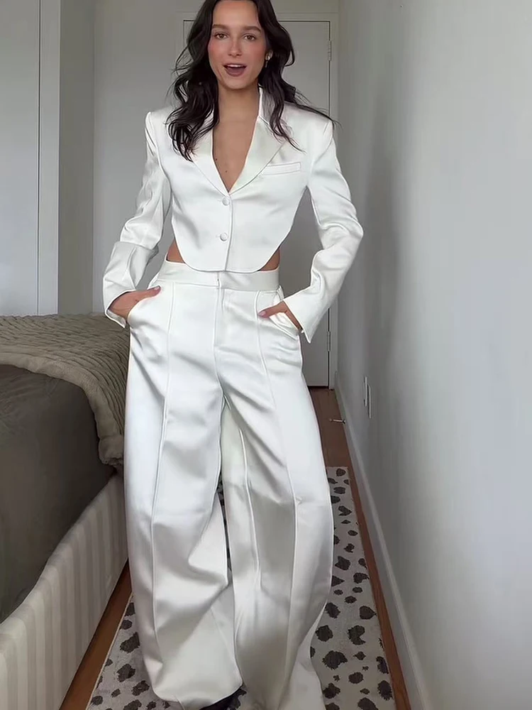TFMLN Fashion Women's Satin Blazer Pants Set Lapel Backless Short Jacket Balloon Wide Leg Pant 2026 New Solid Casual Suit