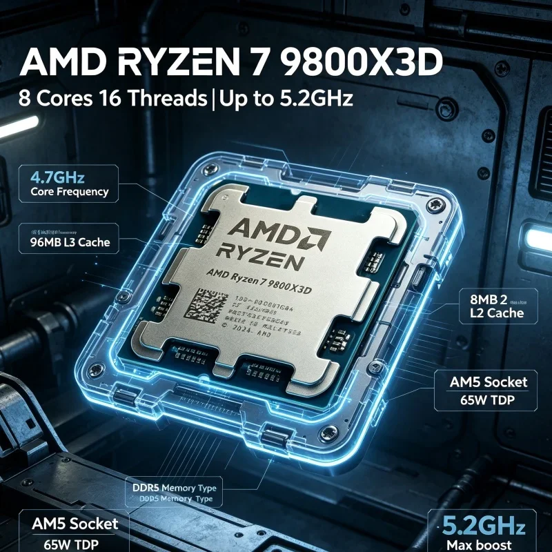 AMD R7 9800X3D Processor 4NM 8 Core 16 Thread 96MB L3 Cache 8MB L2 4.7GHz 5.2GHz AM5 DDR5 120W CPU for Gaming Desktop
