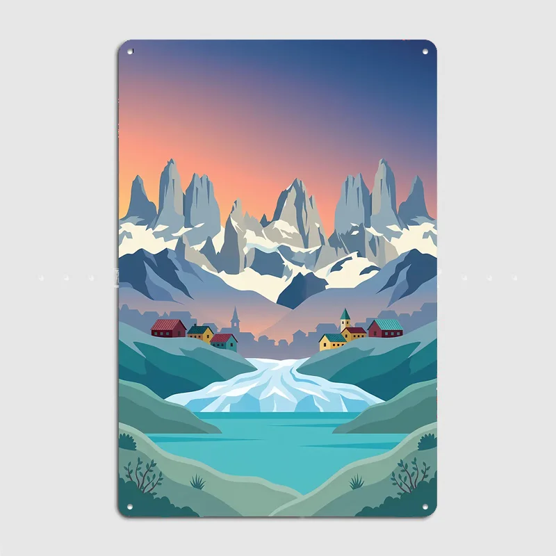 Mountain Village by a Glacier Lake Poster Metal Sign Life Wall Custom Bedroom Indoor Home Wall Decor Posters Room Decoration