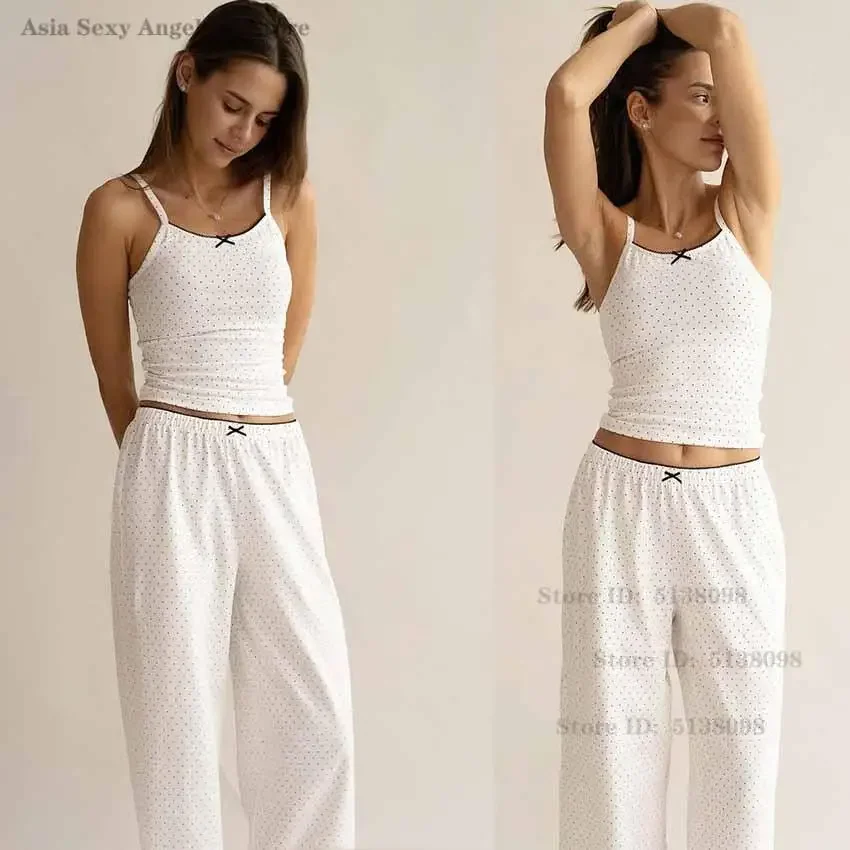 

White Women New Polka Dot Pajamas 2 Pcs Strap Top& Long Pant Nightwear Fashion Loose Home Clothes Summer Elegant Sleepwear