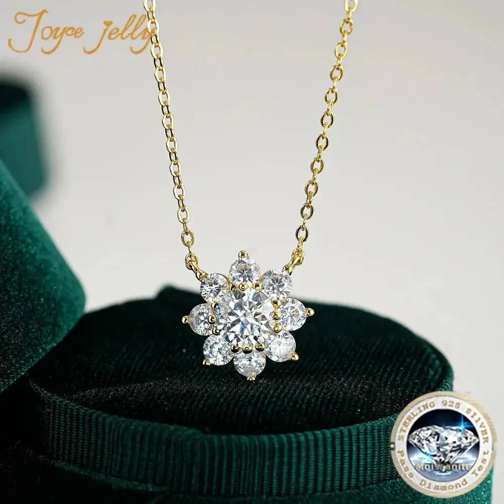 JoyceJelly 925 Sterling Silver Pendant Moissanite Necklace for Women 14K Gold Plated Sunflower Classic Six-Prong Snowflake