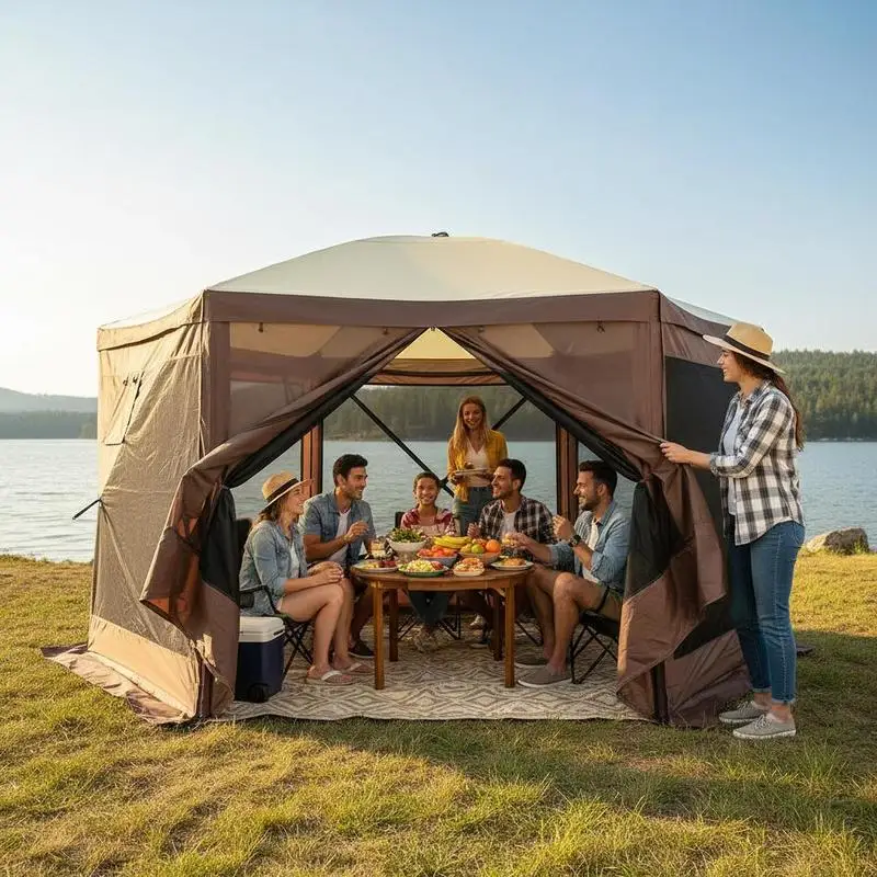 Carpa plegable de 3,5 x 3,5 m con toldo de 6 lados, protectores de viento extraíbles y ventanas de malla, protección solar y mosquitera – ideal para jardín, fiestas, camping, color verde militar