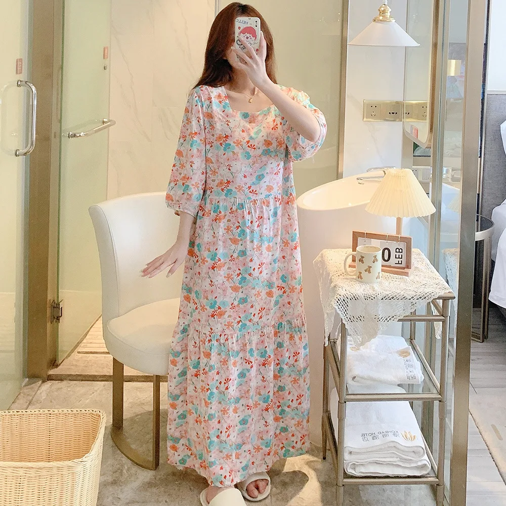 New Summer Extra Long Dress Homewear Women Casual Floral Nightgown Ladies Nightdress Female Loungewear High Quality Sleep Dress