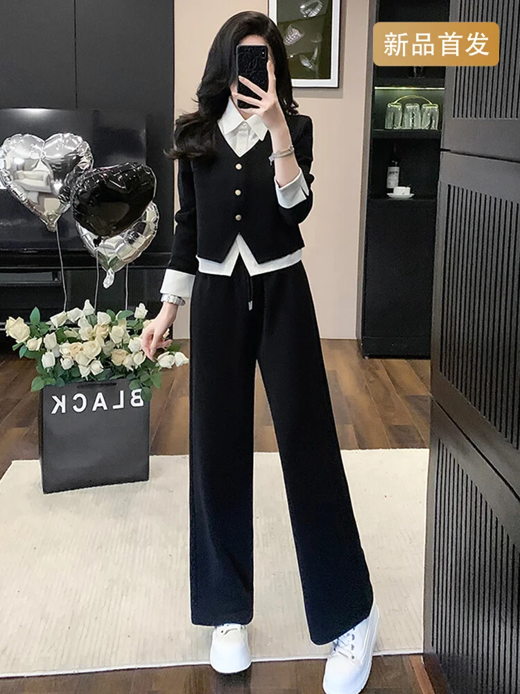 Design sense splicing fake two-piece top high waist straight-leg pants beautiful women's autumn 2025 new two-piece set