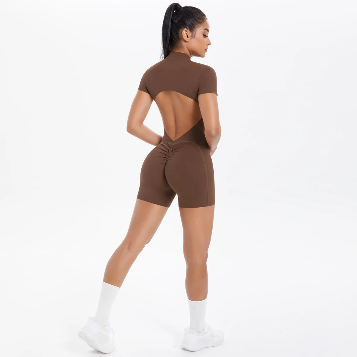 Hollow Out Backless Short Sleeved Zipper Jumpsuit for Woman Jumpsuit Yoga Suit One-Piece Legging Short Push Up Gym Yoga Clothing image 3