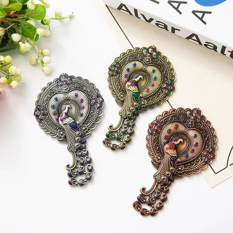Vintage Metal Handheld Makeup Mirror with Comb Set, Peacock Design Portable Vanity Mirror for Travel