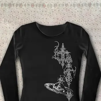 復古哥德風 Emo 女孩原宿風長袖 T 卹 女式街頭風修身上衣 夏季高街女孩短上衣 90 年代街頭風 10 最佳銷售 千禧歌德 - №3