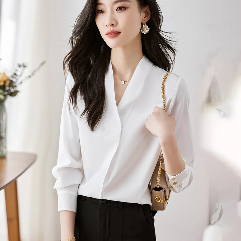 2024 Lente Herfst Nieuwe Koreaanse Editie Mode Veelzijdige V-Hals Lange Mouwen Chiffon Shirts Vrouwen Casual Effen Blouses Lady Tops