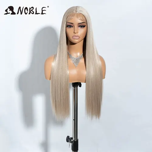 Imagen 2 del producto Noble Cosplay peluca blanca recta pelucas delanteras de encaje sintético para mujeres peluca rubia de 30 pulgadas peluca Frong de encaje fibra de alta temperatura