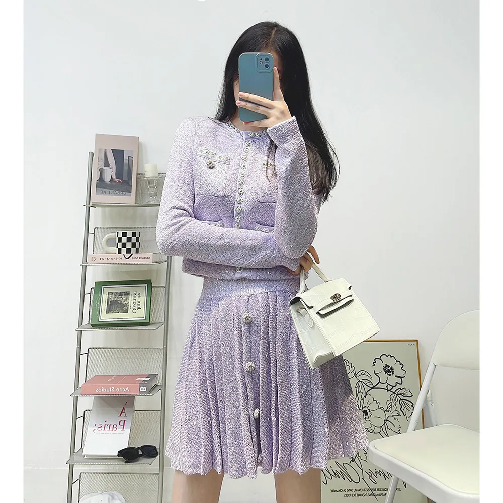 High Quality Autumn Women Two-piece Set Purple Sequins Beads Drill Button Knitted Cardigans Coat + Short Pleated Skirt Suit 2024