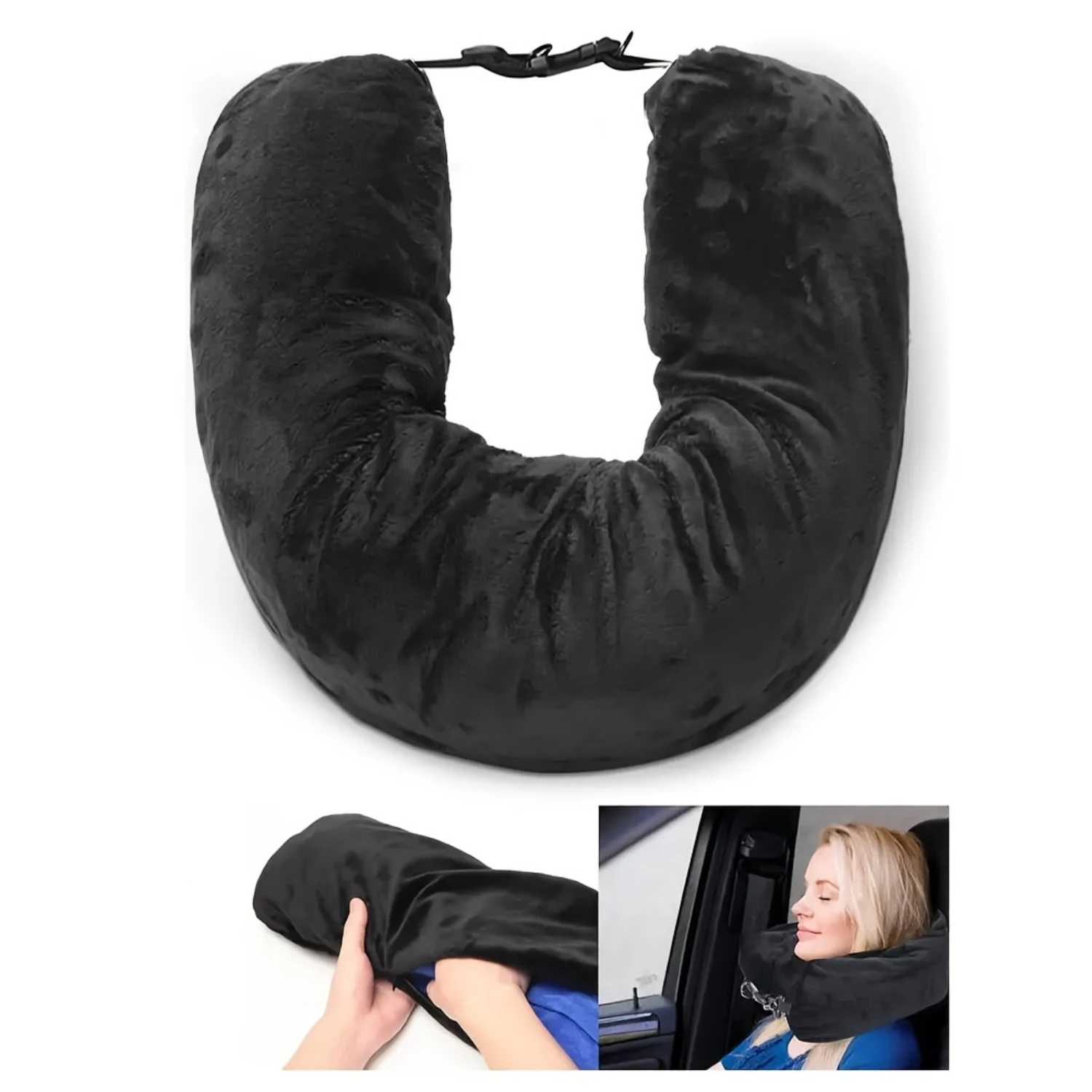 Almohada para el cuello recargable, almohada de viaje portátil para ahorrar espacio, ropa recargable, almohada para el cuello de avión, tren y coche, 1 ud.