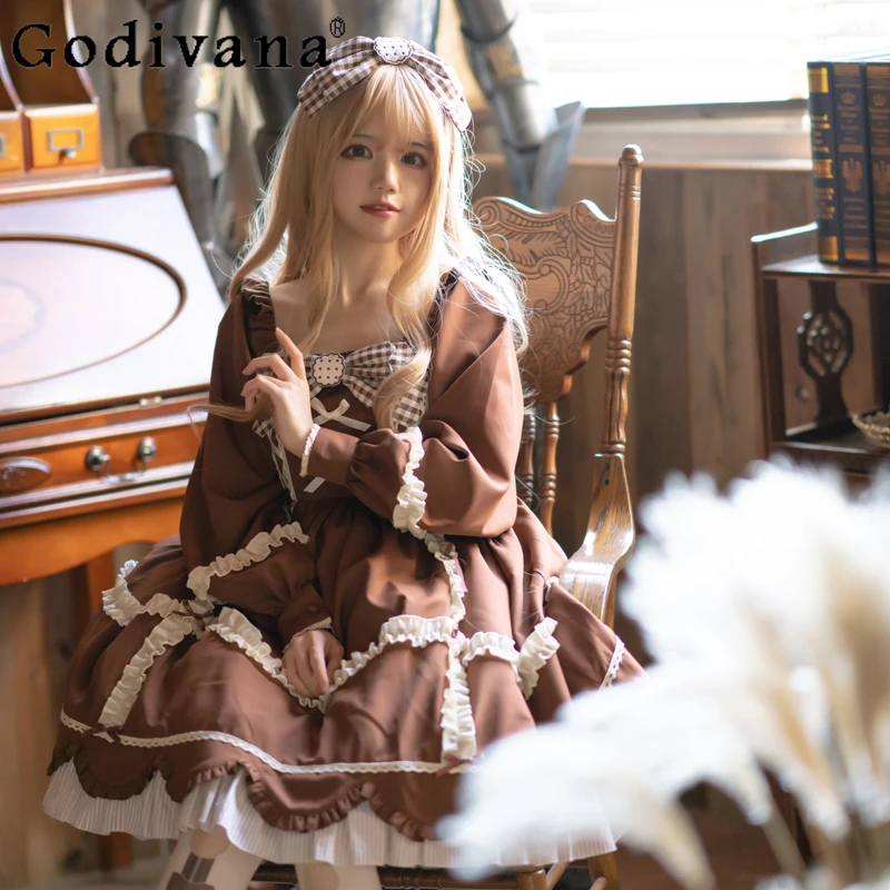 

Lolita Long Sleeve Square Collar Sweet Bow Ruffles Princess Dress Spring Autumn Girl High Waist Versatile Age Reduction Dresses