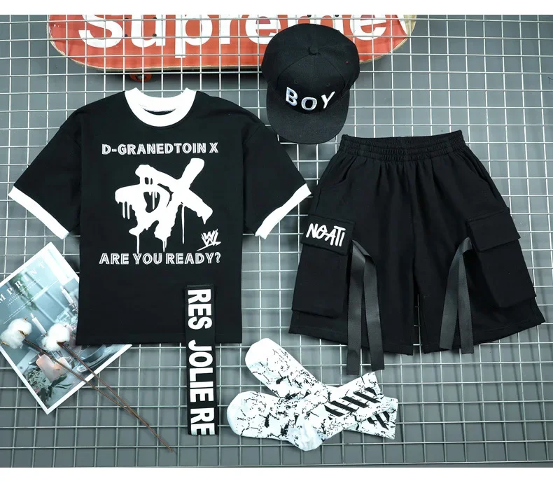 6-15 النسخة الكورية من بدلة الهيب هوب للأطفال أداء رقص الجاز سكيت ملابس رياضية جديدة للأولاد مجموعة طبلة صيفية مكونة من قطعتين