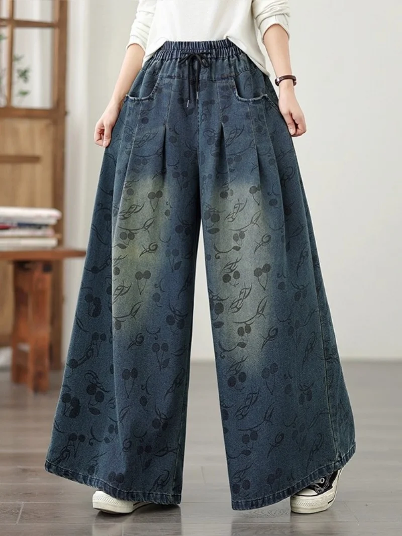 

Ковбойские широкие брюки для женщин, осень 2024, новый эластичный жилет с принтом, свободные повседневные универсальные прямые джинсы большого размера W730