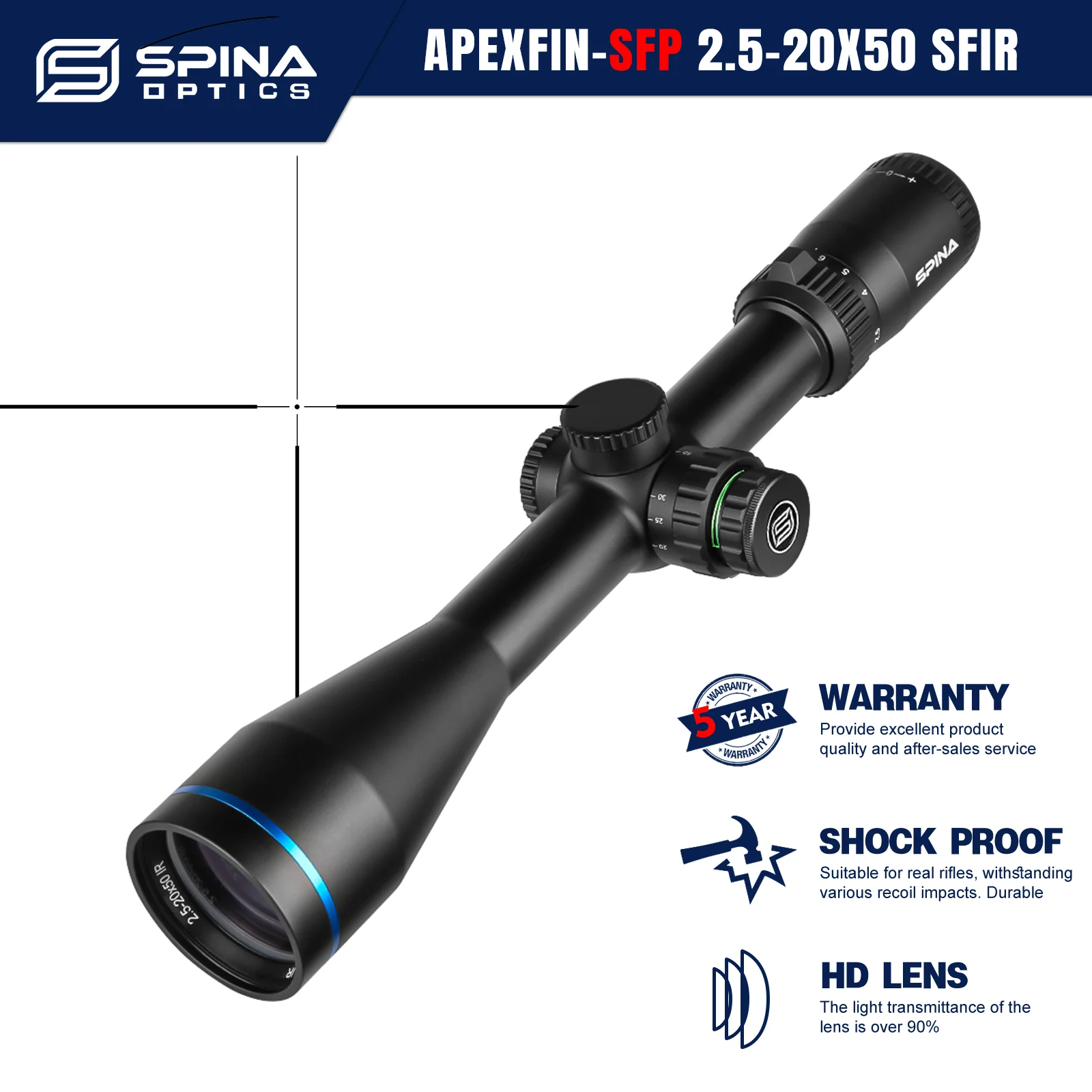 

​​SPINA OPTICS ApexFin 2.5-20x50 SFIR Охотничий прицел 3-700м Параллакс 10 ярдов Светящаяся травленая сетка R&G + Двойное крепление​​