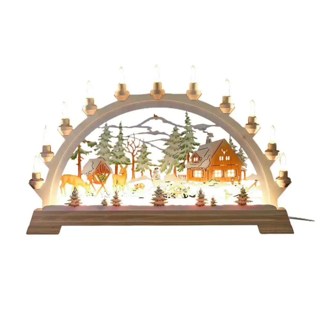 Christmas Wood Bridge LED Candle Figurine Ornament Battery Operated DIY Lamp