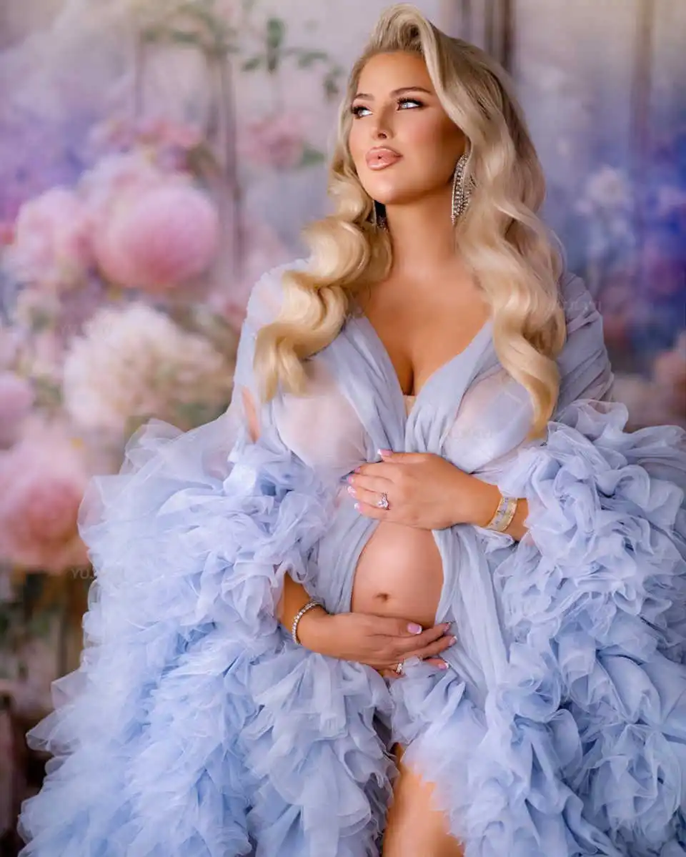 Vestido de maternidade personalizado com babados, vestido longo inchado em camadas, robe de tule, gravidez, vestido feminino, roupa de dormir de noiva, sessão de fotos